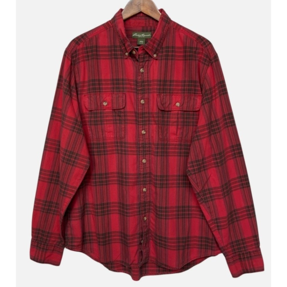 Eddie Bauer Mens XL Red Black Plaid Cotton Button Down Shirt SU7158 Long Sleeve